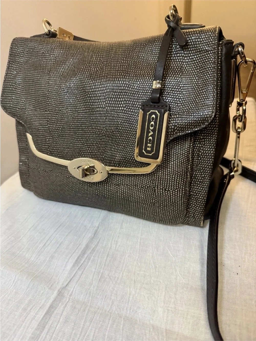 Coach Metallic Gold Pebbled Leather Turnlock Crossbody Satchel Bag